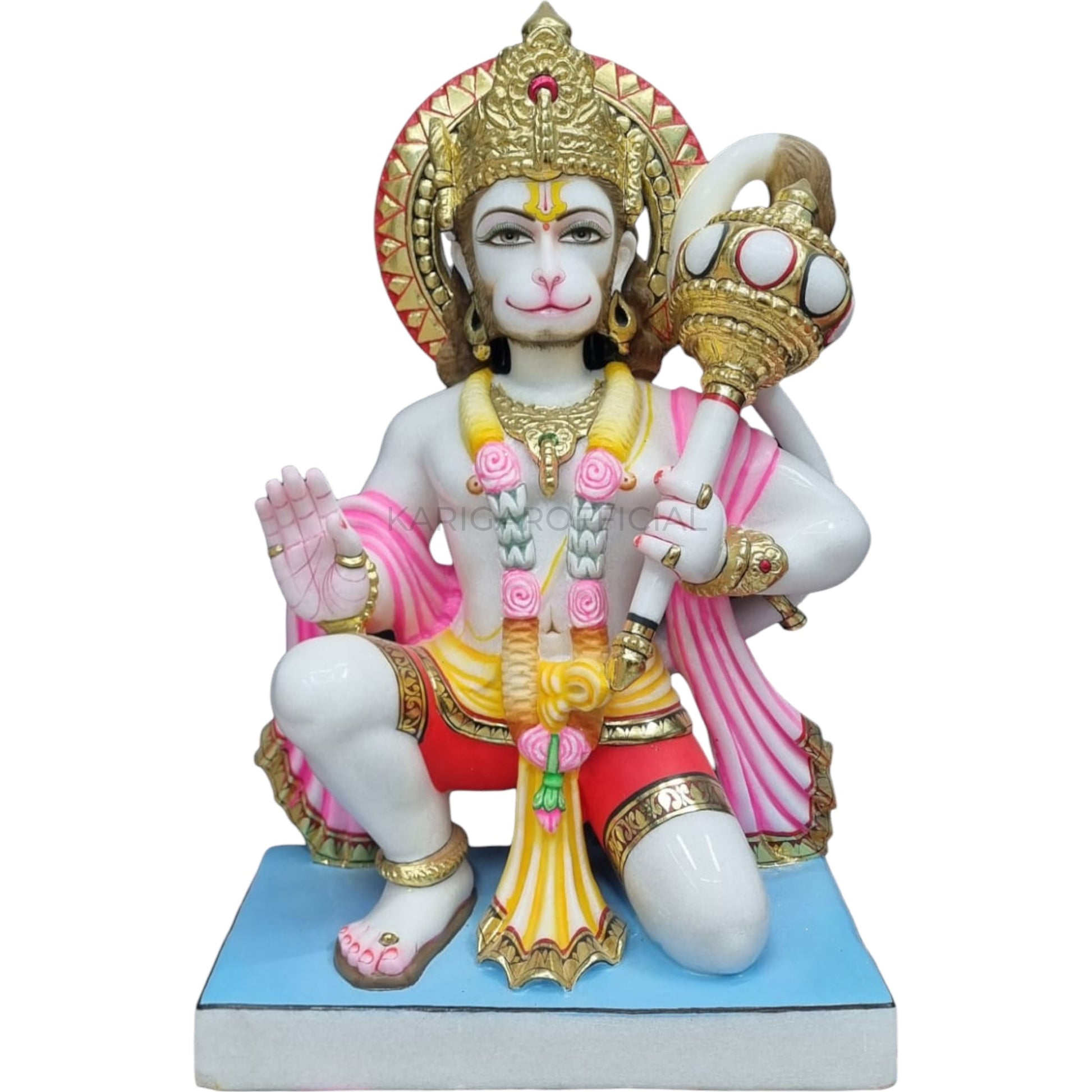 Handcrafted Multicolor Hanuman Statue in Blessing Pose with Gada, 24 inches tall, depicting detailed hand-painted facial expressions with tilak, eyes, smile, and hair