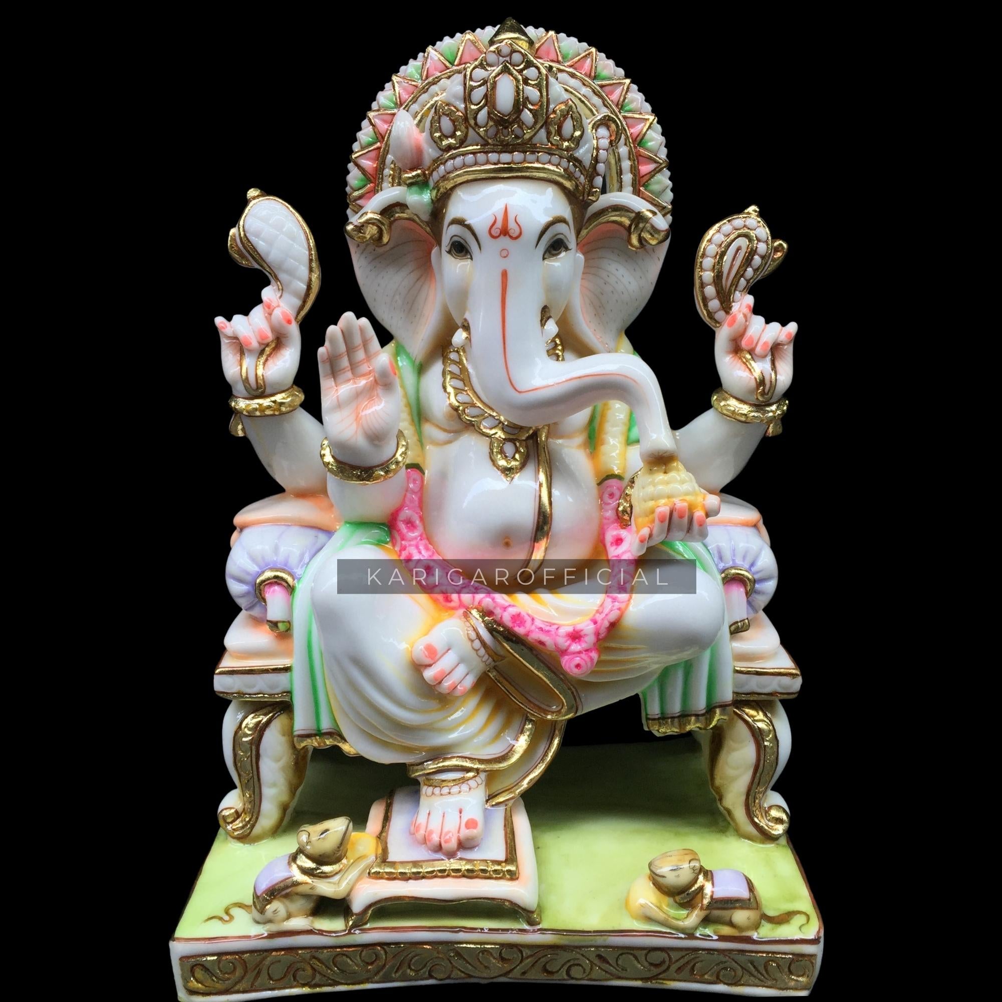 Rathore Handicrafts Lord Ganesha White Marble Hand Crafted Multi Color Idol  God Ganpati || Bappa Morya
